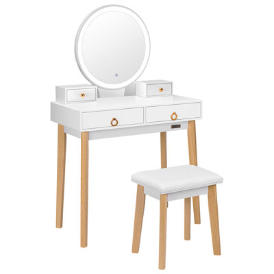 Paulita Vanity Set with 3-Color Touch Screen, Lighted Mirror and Stool