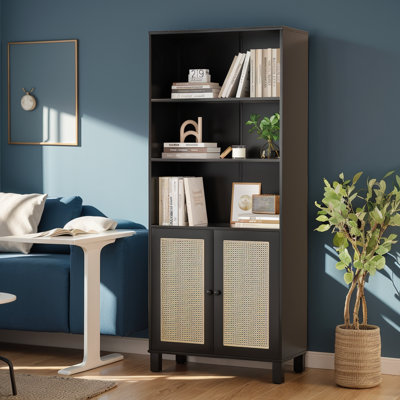 Bibliothèque de rangement à 5 niveaux avec portes en rotin Fumil