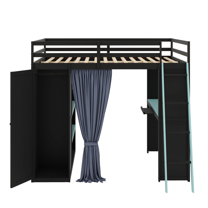 Lit mezzanine double avec garde-robe, tablettes, rideaux occultants et éclairage RVB, Noir / Bleu