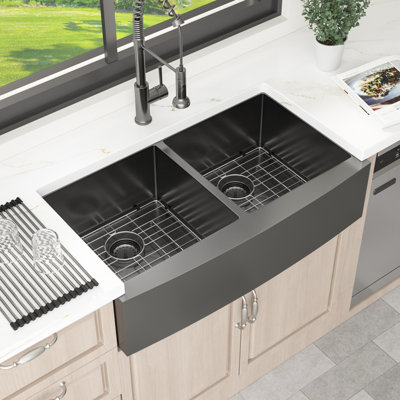 Évier de cuisine en acier inoxydable à double cuve 50/50 avec grille d'évier et grille pour panier L 33 po x l 21 po