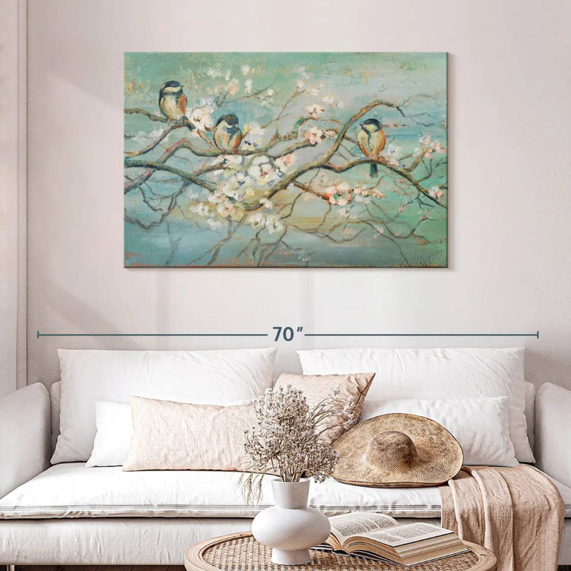 Branche de printemps avec oiseaux, H 30 po x l 45 po