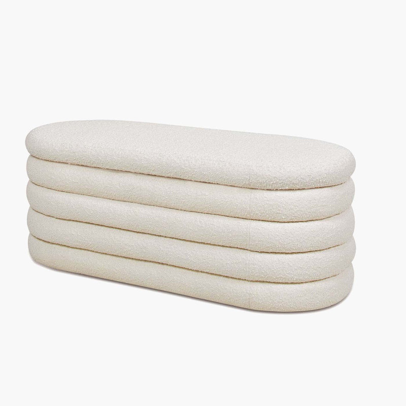 Ivory White Boucle 49" Upholstered Oval Storage Bench with Horizontal Tufting