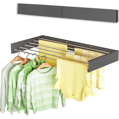 Wall Mounted Clothes Drying Rack 40", Foldable Wall Mount Laundry Rack Folding Indoor, Drying Rack Clothing Collapsible, Hidden Space Saver with Wall Template, 6 Rods, Black