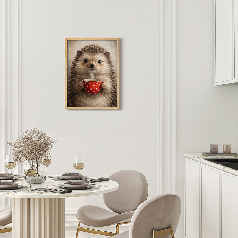 Cute Hedgehog Framed Wall Art Prints - Hedgehog holding red mug, for bedroom, H 14 po x l 11 po, Naturel
