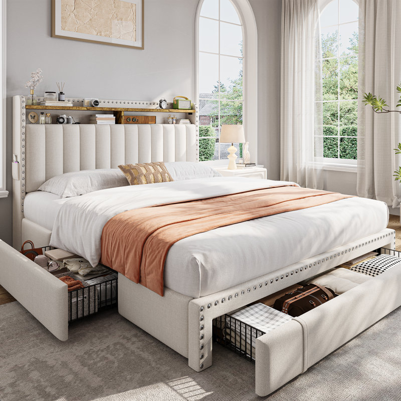 Jahlia Upholstered Storage Bed with 3 Drawers and 2-Tier Storage Headboard, Beige, Full