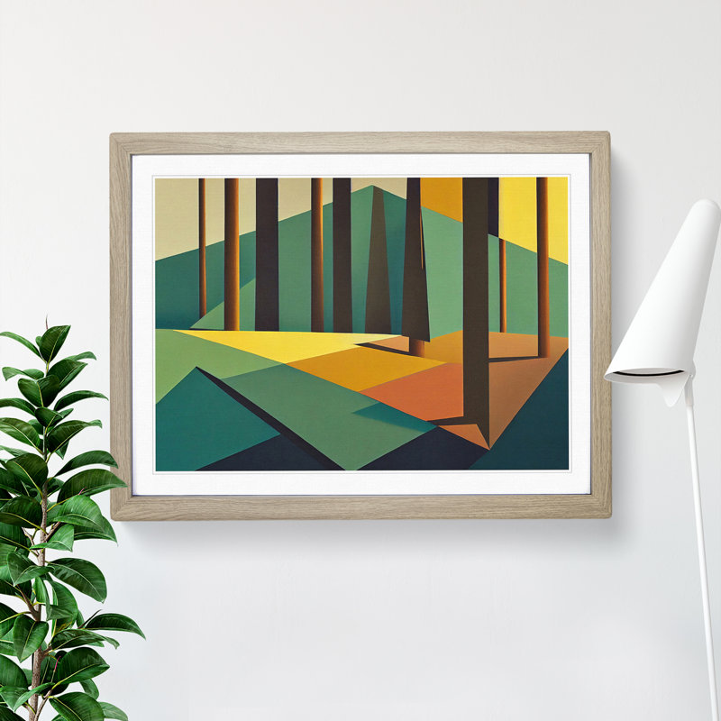 Tranquil Abstract Pine Trees - Framed Print, 46cm H x 64cm W x 2cm D, Oak Framed