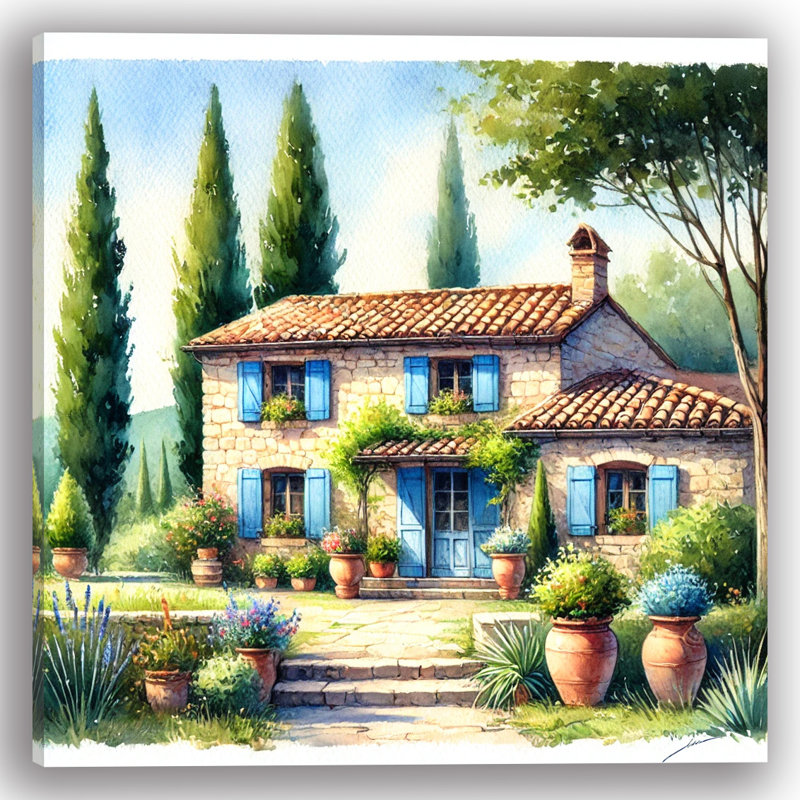 «Rustic Stone Cottage with Blue Shutters», art mural sur toile tendue, H 20 po x l 20 po x P 1,5 po