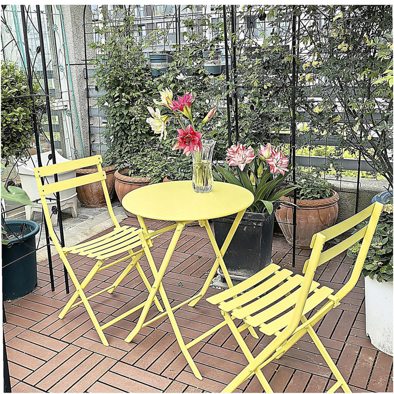 3 Piece Patio Bistro Set of Foldable Round Table and Chairs, Yellow, Yellow