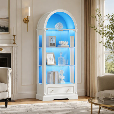 Vitrine cintrée de style ferme moderne avec éclairage DEL et tiroirs pour des besoins de rangement polyvalents à la maison
