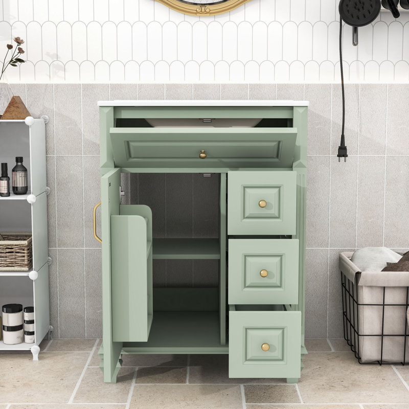 Meuble-lavabo autoportant classique avec lavabo en céramique, tablette réglable et grand rangement, Vert