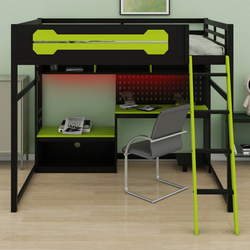 Lit mezzanine en bois avec bureau intégré, tablettes de rangement, lumières DEL, ports de chargement USB et panneau perforé