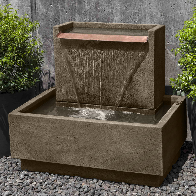 Concrete Hand Crafted Weather Resistant Waterfall Fountain, Aged Limestone