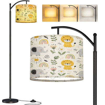  Lampe sur pied à arc Arc-en-ciel safari lion éléphants palmiers blanc pour l'impression de l'emballage Grande lampe sur pied moderne Abat-jour réglable en lin à 3 couleurs