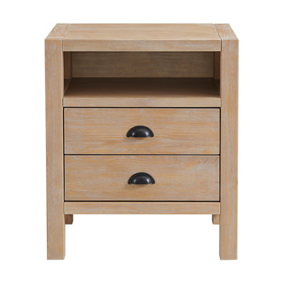 Table de chevet à 2 tiroirs en bois Arden, table de chevet de H 25 po avec poignées de tiroir en bronze huilé et glissières en métal, parfaite pour les ensembles de chambre à coucher rustiques modernes, bois de pin massif et durable