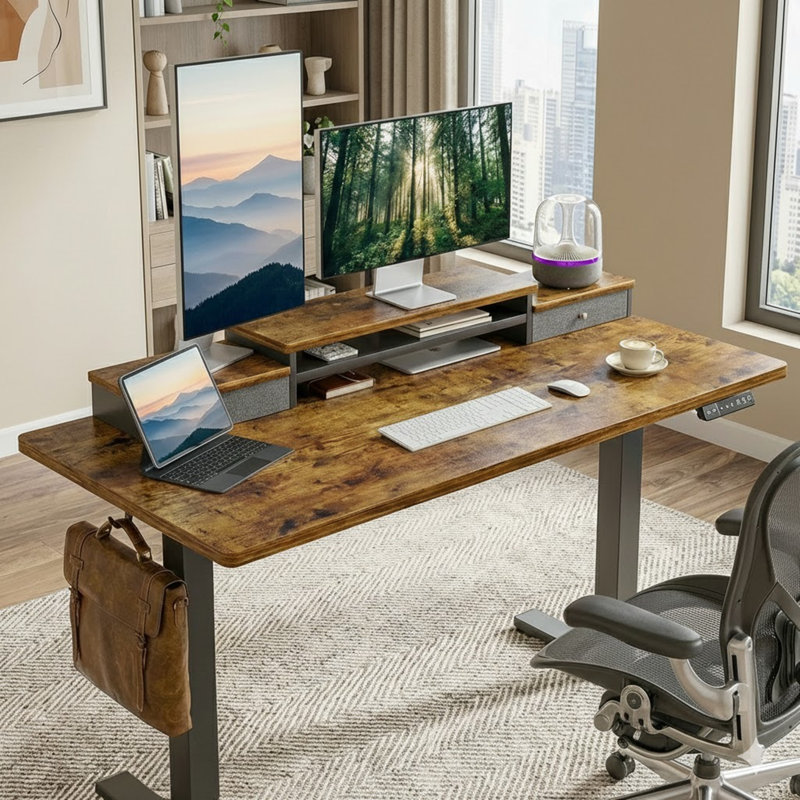 Electric Adjustable Height  Standing Desk Computer Table with Drawers, 28.5" H x 55" W x 28" D, Vintage Brown/Black