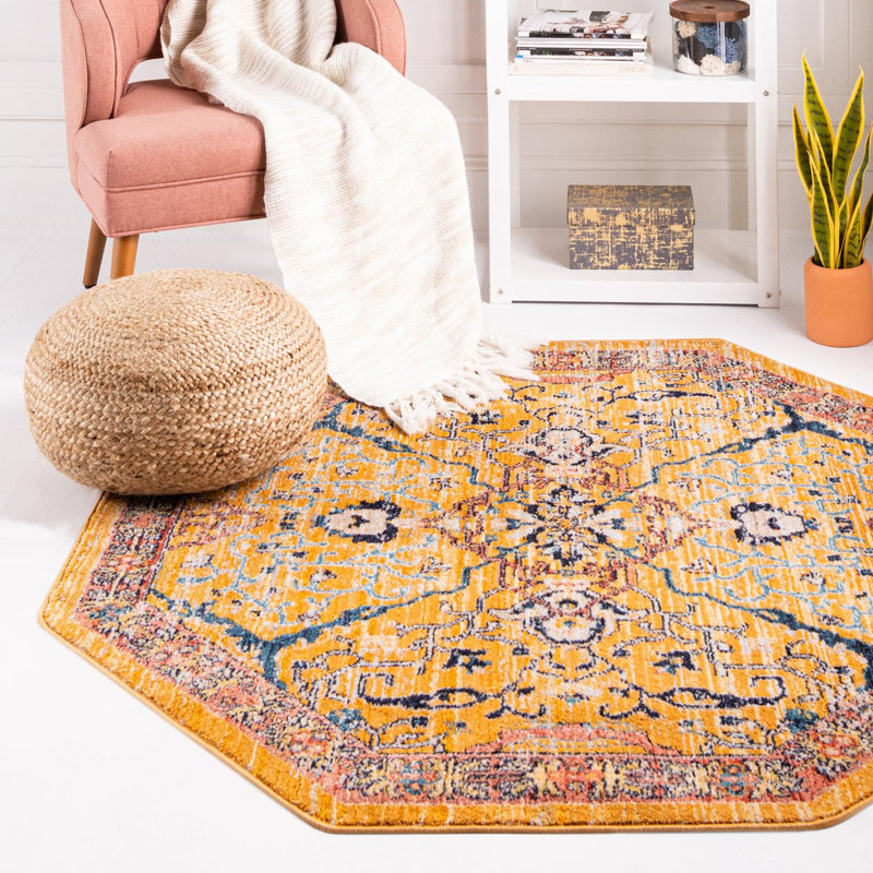 Tapis jaune / bleu / rouge Indigo, Octogone 3 pi 11 po x 3 pi 11 po