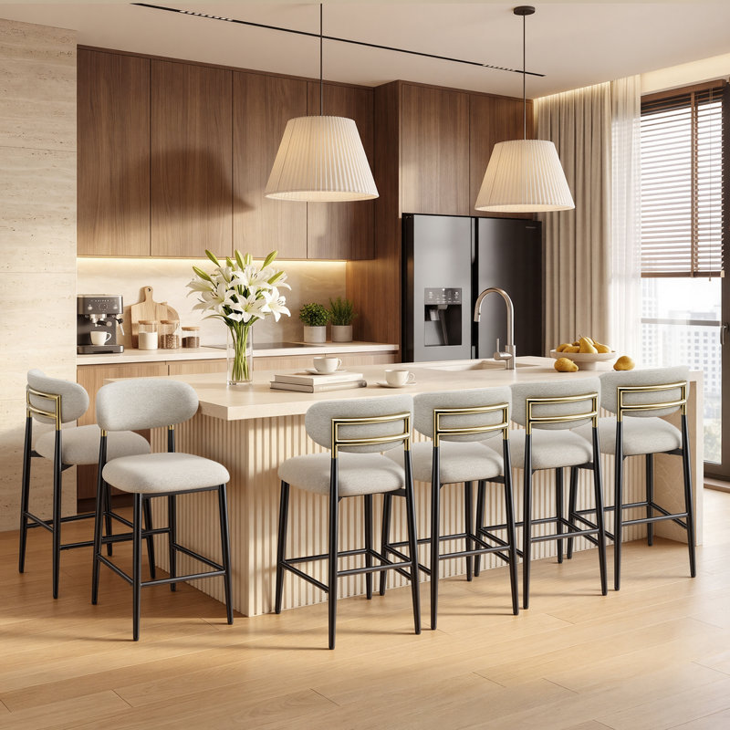 Yes Upholstered Bar Stool with Iron Frame, Beige