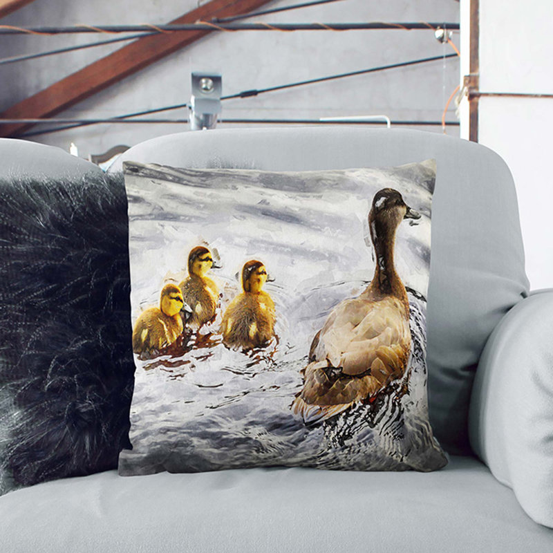 Ducklings With Mother Duck Square Throw Cushion, 40cm H x 40cm W x 15cm D, White