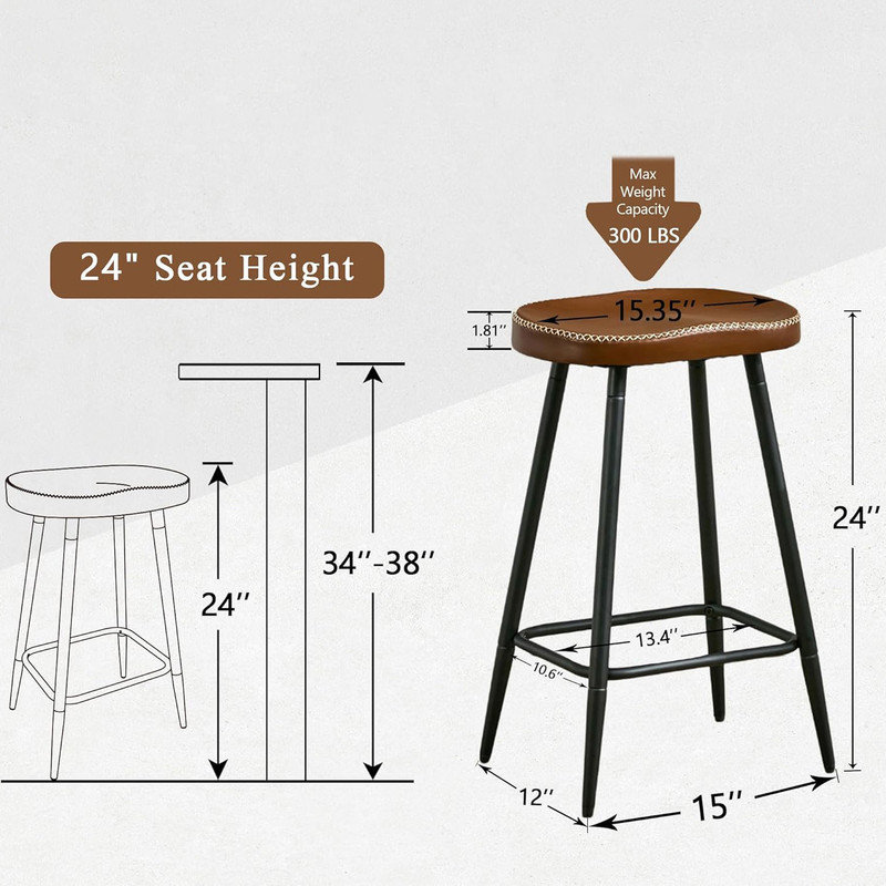 Adjustable Brown Faux Leather Saddle Bar Stools with Metal Legs