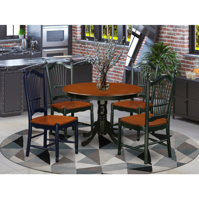 L'ensemble 5 pièces de table et chaises de cuisine comprend une table de salle à manger ronde avec piédestal et 4 chaises, noir et cerise