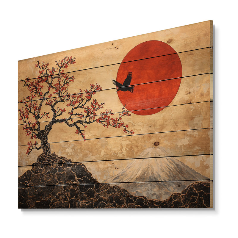 Éternelle soleil du paysage japonais II - impression traditionnelle en bois rouge sur bois de pin naturel, H 24 po x l 32 po