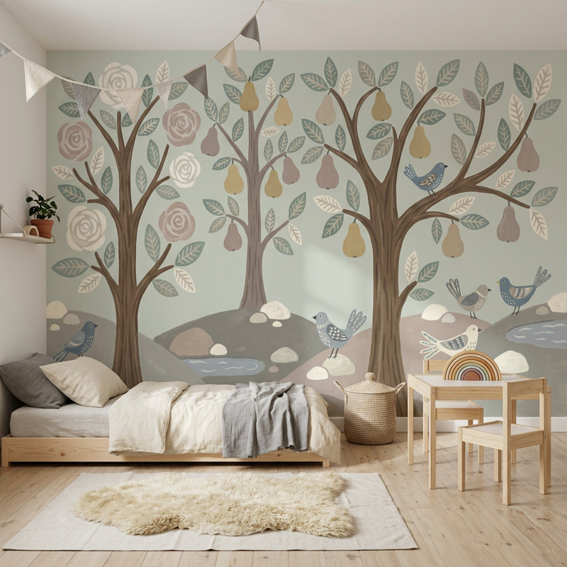 Papier peint boisé fantaisiste avec arbres stylisés et peint à la main, 200 po x 120 po, Non-Woven Nonpasted