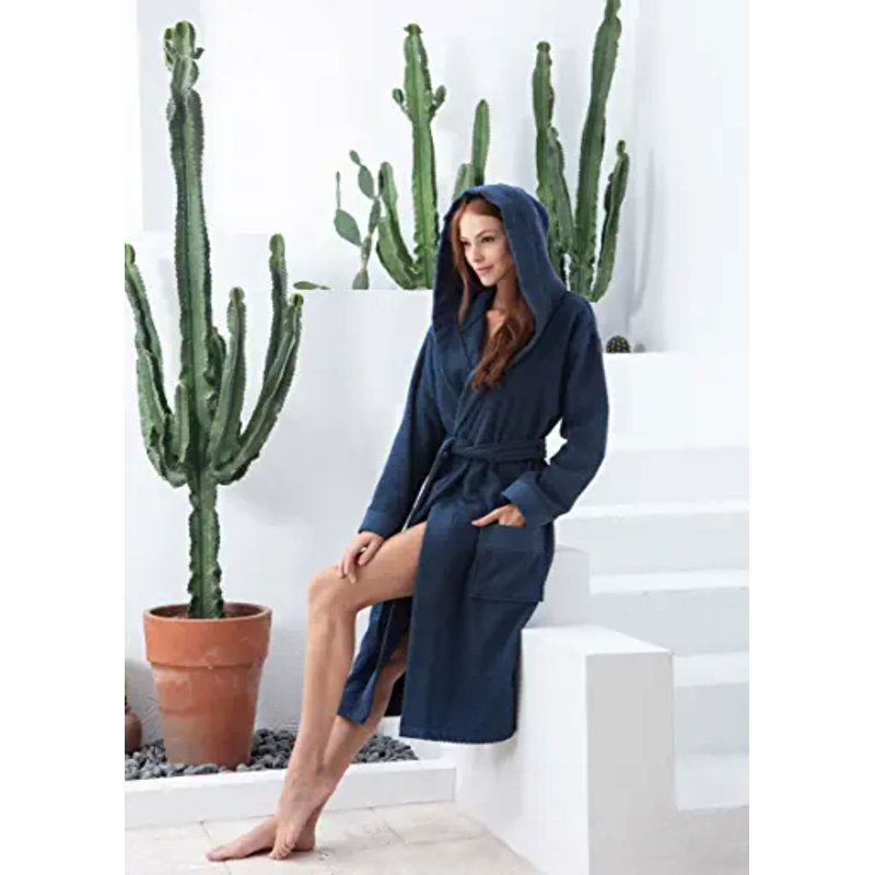 Peignoir de luxe pour femme SEYANTE - Peignoir à capuchon en coton éponge turc biologique certifié GOTS, XXL, Bleu marine