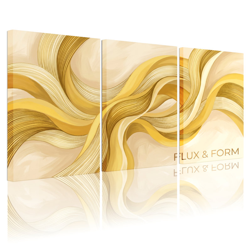 Ensemble de 3 tableaux abstraits sur toile, motif vagues dorées et crème, pour la décoration du salon, de la chambre ou du bureau.