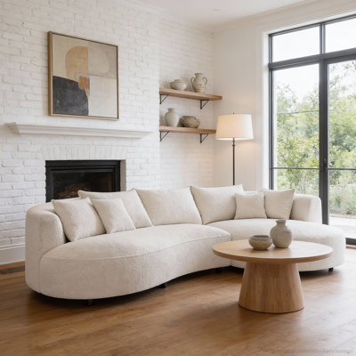 125.2'' Modern 2-Piece Curved Sherpa Sectional Sofa, Oversized 5-Seater Cream Couch with Solid Wood Frame & 7 Throw Pillows
