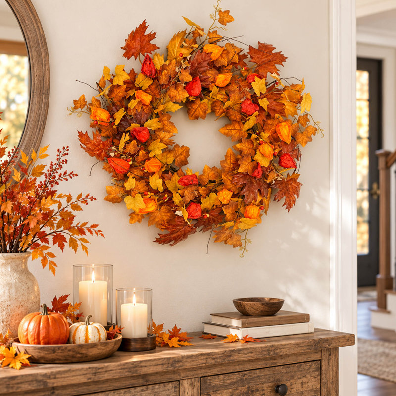 Couronne d'automne artificielle en feuilles d'érable de 56 cm (22 po) pour porte d'entrée
