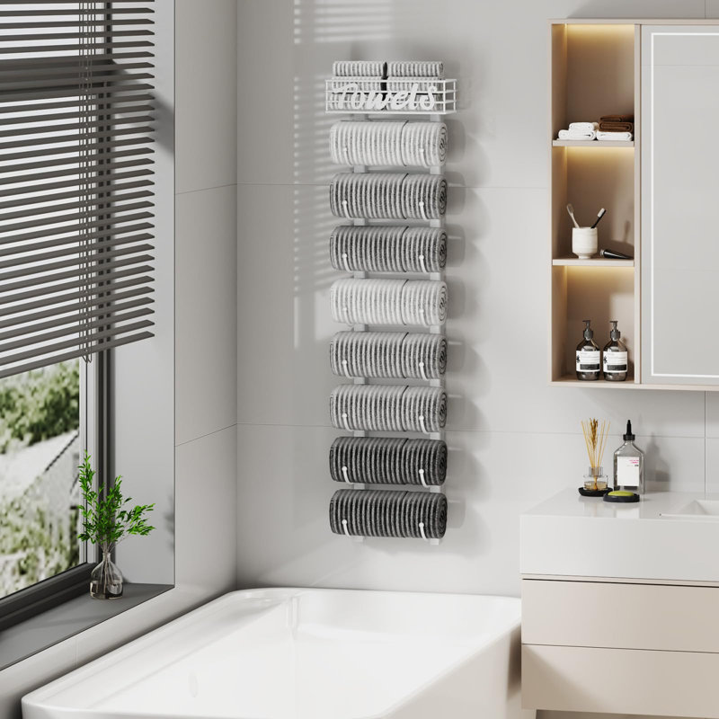 Porte-serviettes suspendu pour salle de bain, porte-organisateur de rangement à serviettes sur roulettes à 9 niveaux pour la salle de bain et mural, blanc