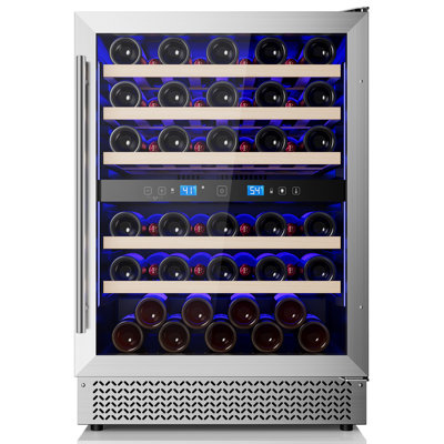 24 Inch 46 Bottle Dual Zone Wine Refrigerator, Built-In or Freestanding Wine Cooler with Glass Door and Bar Handle