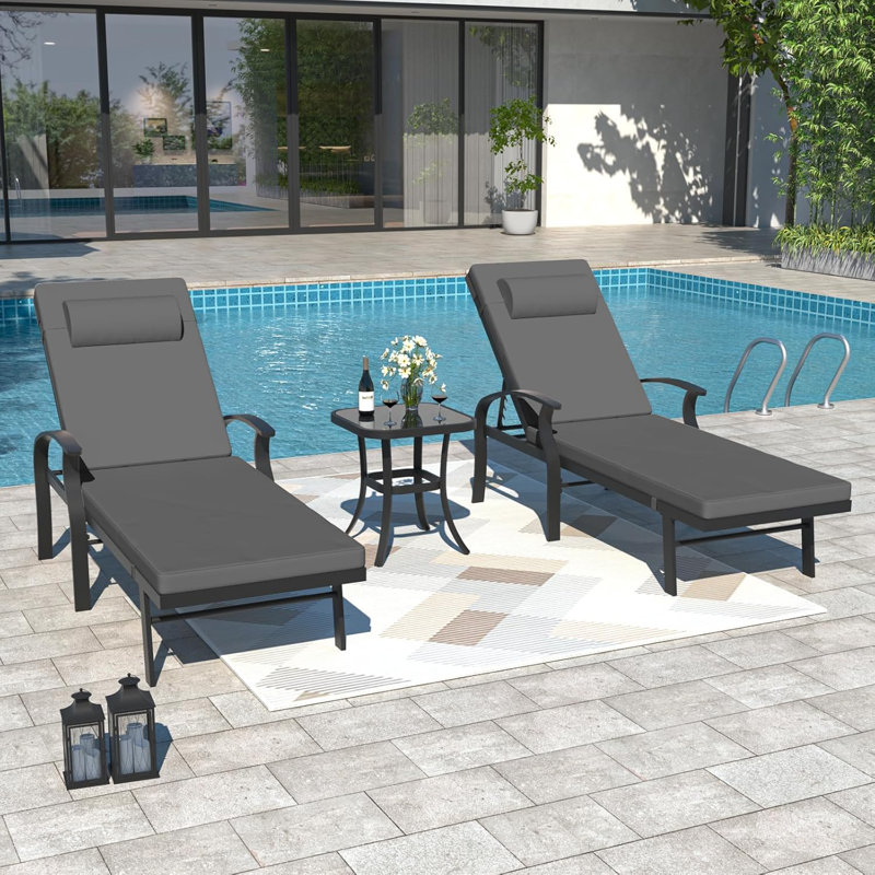 Ilari 3-Piece Outdoor Aluminum Chaise Lounge Chair Set with Cushions, Adjustable Backrest & Glass-Top Side Table, Gray