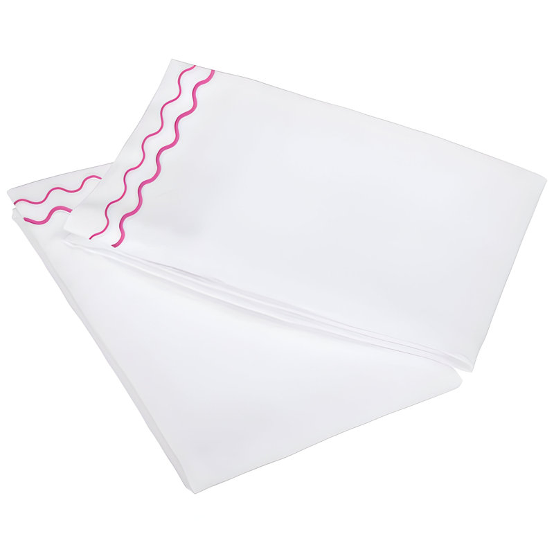 400TC Double Wavy Embroidered Cotton Pillowcases (Set Of 2), 20"H x 30"W, White/Hot Pink