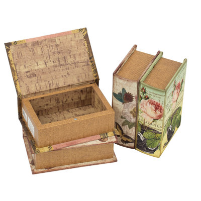 Meer Faux Book Storage Box Set of 4, Vintage Flowers Butterflies, Pink Silk