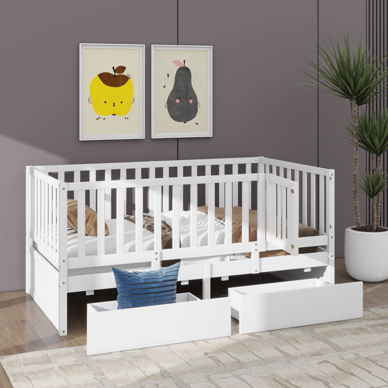 Twin Size Wooden Daybed With Fence-Style Guardrails For Safety And Two Built-In Storage Drawers, Natural