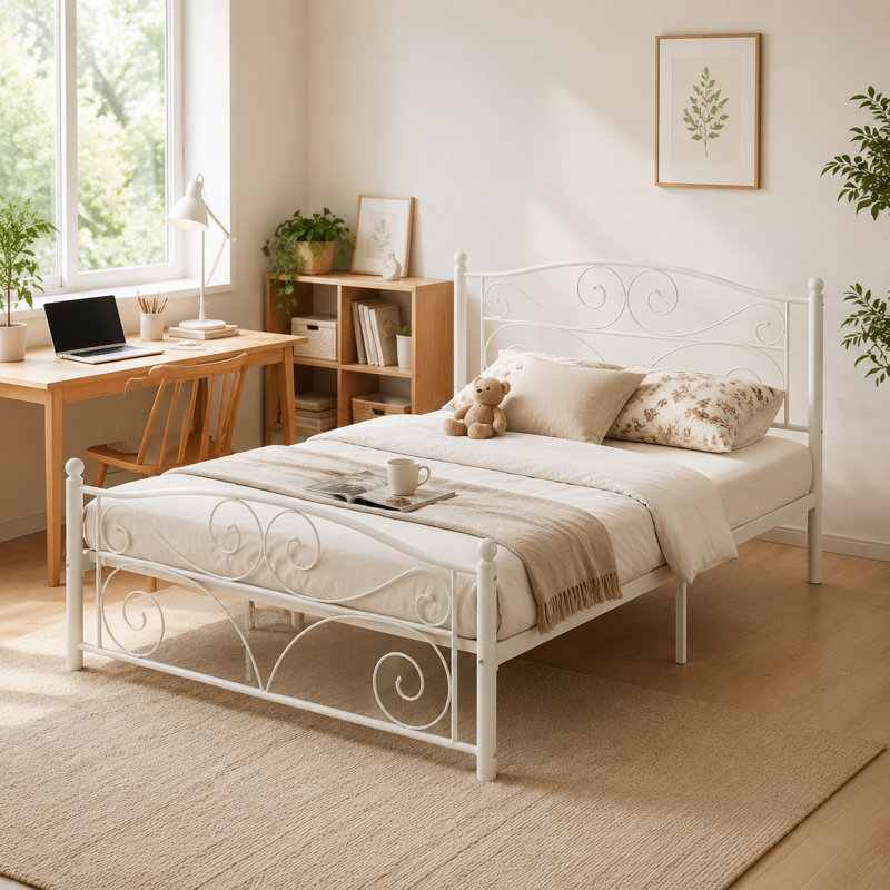 Grand cadre de lit en métal de forme florale avec tête et pied de lit; Structure robuste, durable et durable.