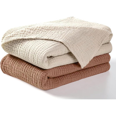 Lot de 2 couvertures d'emmaillotage en mousseline, 100 % coton respirant et doux pour la peau, pour nouveau-nés et nourrissons (unisexe) | Brun et écru