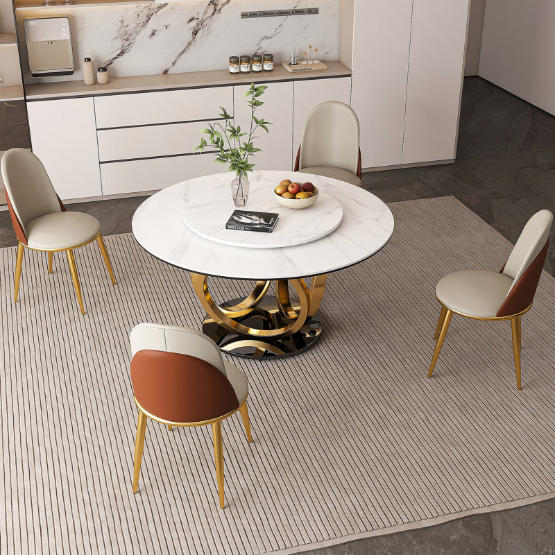 Table de salle à manger ronde 53 po 53 po avec plateau tournant à 360 ° lisse et résistant aux taches et à la chaleur, design minimaliste moderne pour la salle à manger, espace compact (4 chaises)
