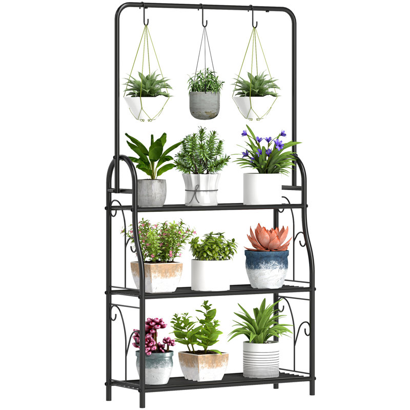 3 Tier Plant Stand with Hanging Rod and Hooks, Plant Rack, Black