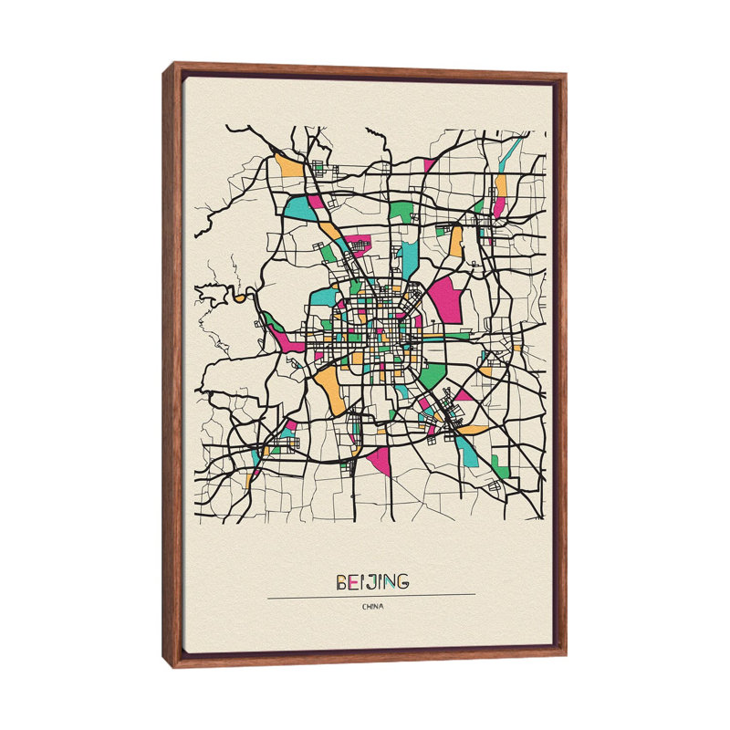 Beijing, China Map by Ayse Deniz Akerman - Print on Canvas, 152.5 cm H x 101.5 cm W, Brown Floater Frame
