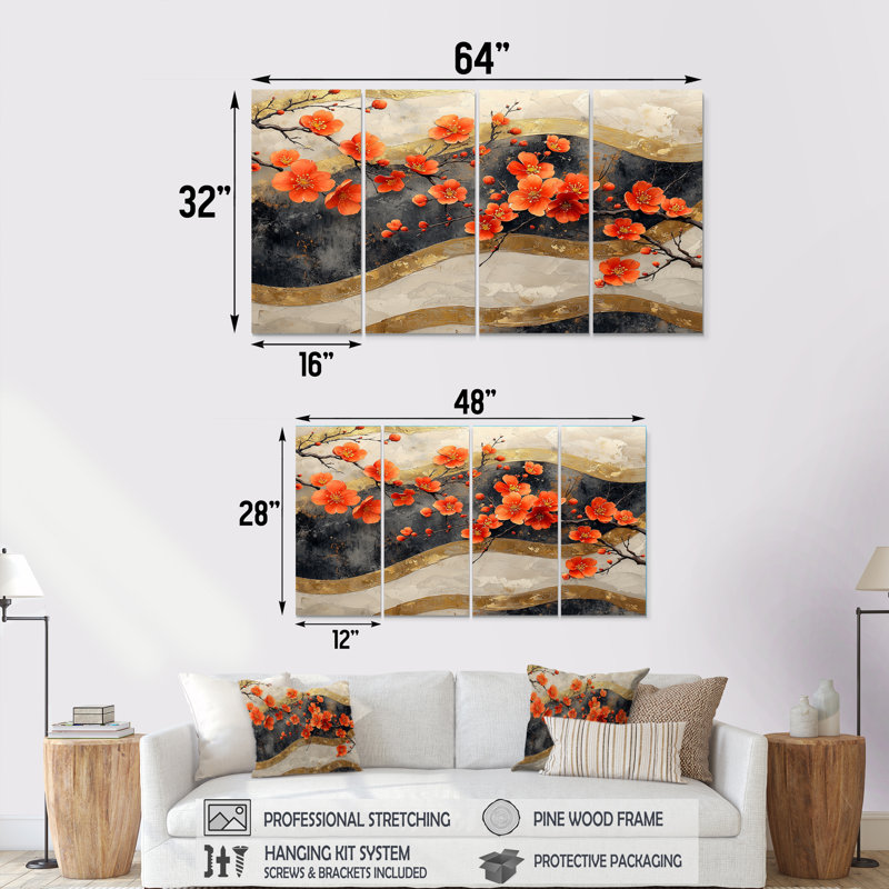 Branche de fleur d'oranger sur Golden River I - ensemble de décoration murale cerisier en fleurs, H 32 po x l 64 po