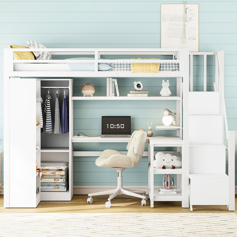 Lit mezzanine simple en métal avec garde-robe, tablette à 5 couches, bureau et ports - blanc pour structure de chambre à coucher moderne, bureau, couleur de tablette élégante