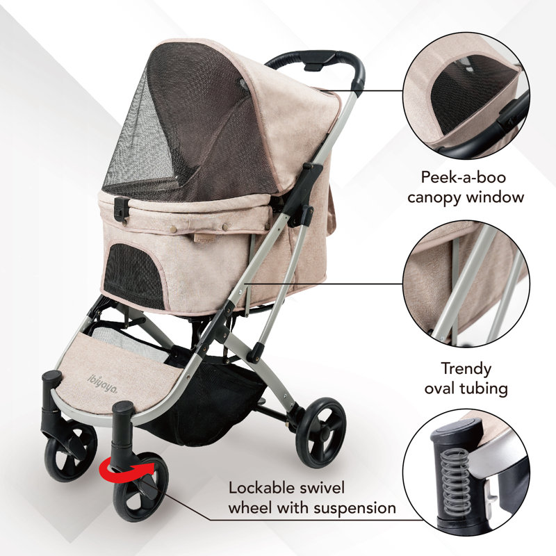 Compact Foldable Beige Polyester Pet Stroller with EVA Wheels