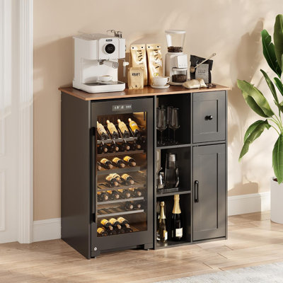 Armoire à café de 40 po avec prise de courant intégrée, mini-support de réfrigérateur avec tiroir, tablettes de rangement ouvertes et armoire fermée pour la salle à manger de cuisine