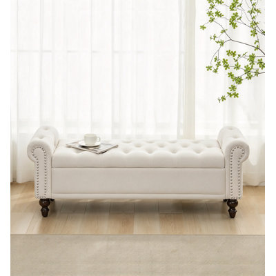 Linen Upholstered Bedroom Bench with Nailhead Trim