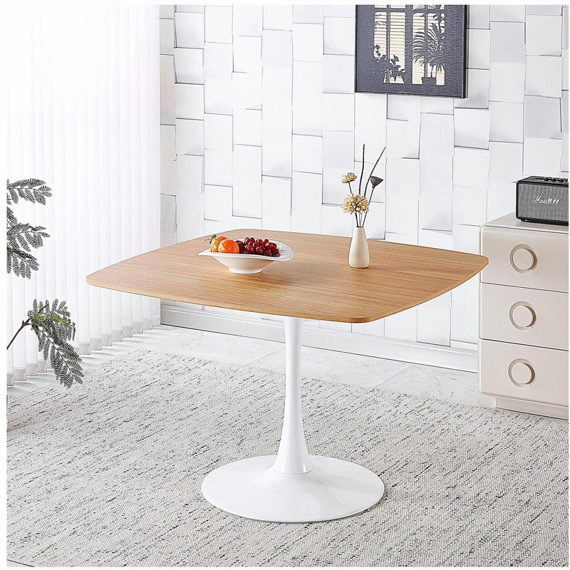 42 Inch Square Tulip Dining Table for 2-6 Person, Modern Mid-Century Kitchen Table with MDF Top & Oak Finish, Small Space Table for Apartment, Bistro, Cafe, Office and Living Room (White & Oak)