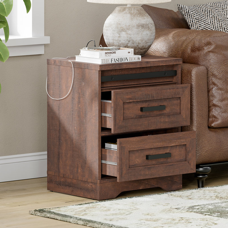 Set of 2 End Table with Charging Station,Side Sofa Table with Drawers, Nightstand with Power Outlets, Brown