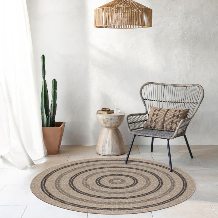 Round Boho Jute-Look Beige Black Area Rug