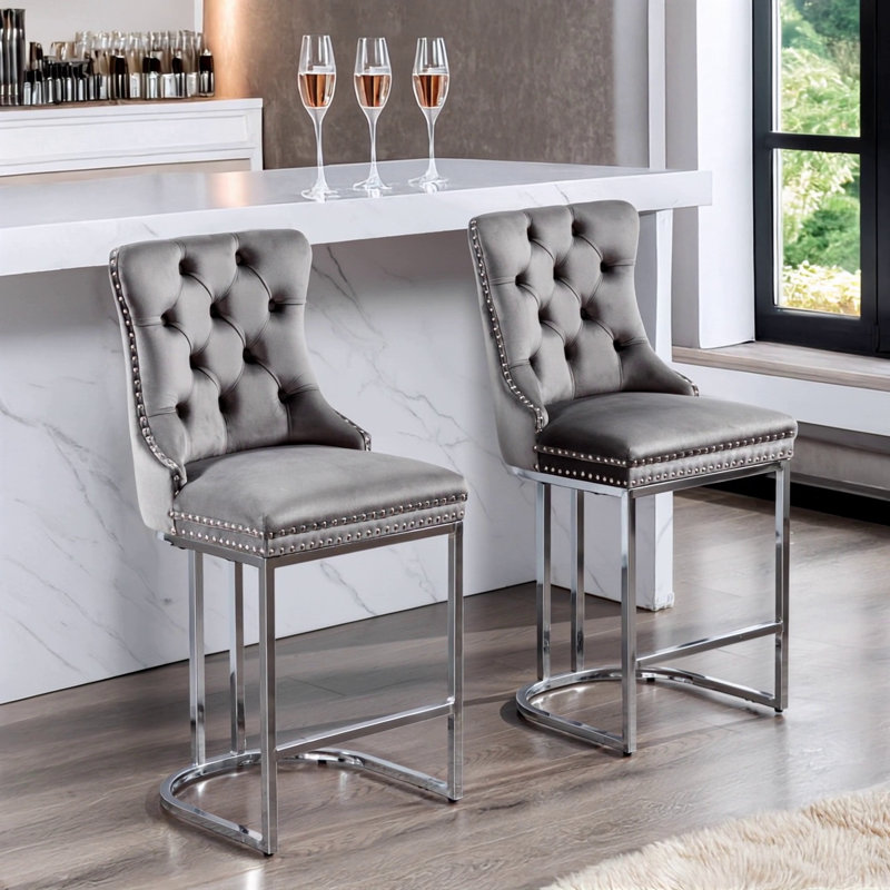 26" Counter Height Bar Stools Set Of 2, Gray Velvet
